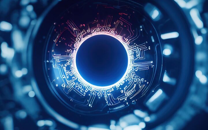 Ilustración digital de un ojo robótico azul con circuitos luminosos alrededor del iris