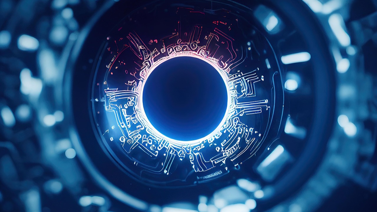 Ilustración digital de un ojo robótico azul con circuitos luminosos alrededor del iris
