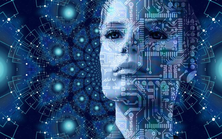 Ilustración digital de un rostro humano cubierto por trazos de circuitos electrónicos sobre un fondo azul