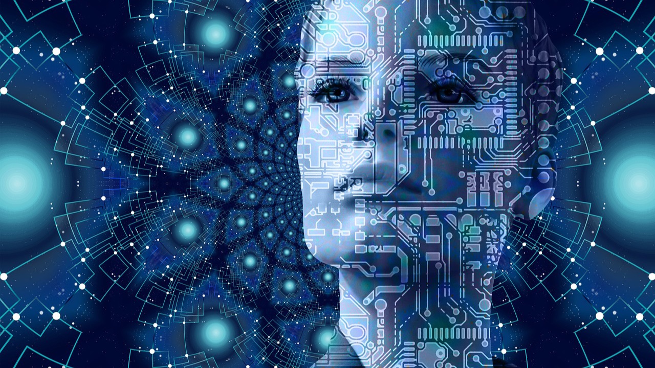 Ilustración digital de un rostro humano cubierto por trazos de circuitos electrónicos sobre un fondo azul