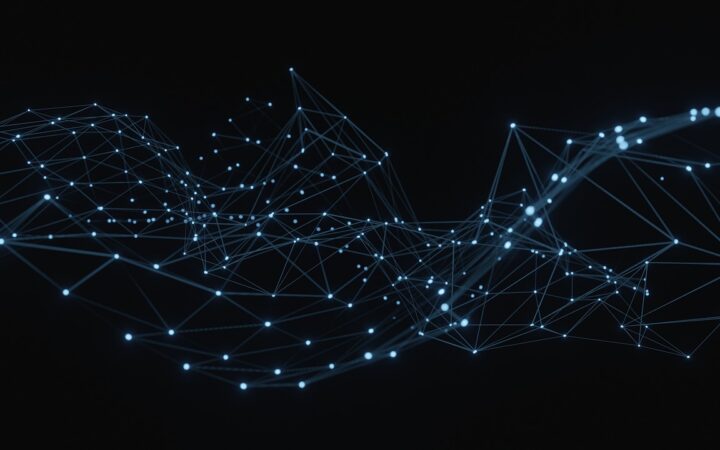 Red de puntos luminosos azules unidos por líneas sobre un fondo negro