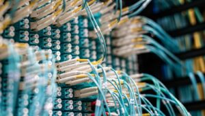 Cables de fibra óptica azules conectados a un panel de red en un centro de datos