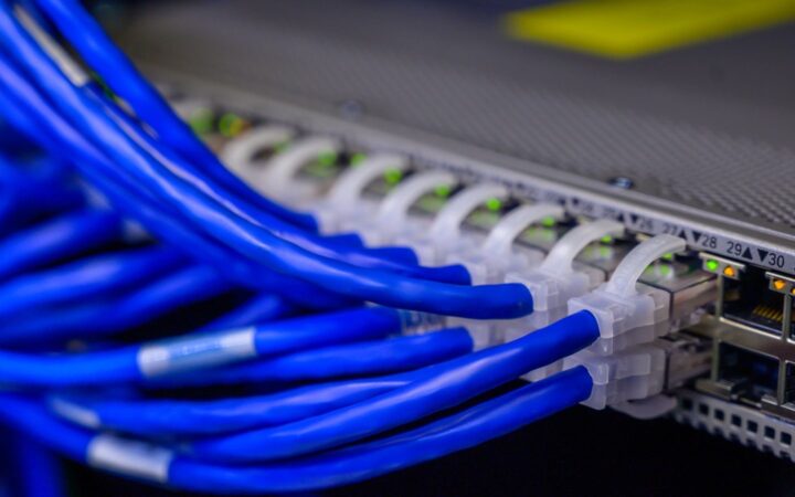 Cables de red azules conectados a un switch en un centro de datos